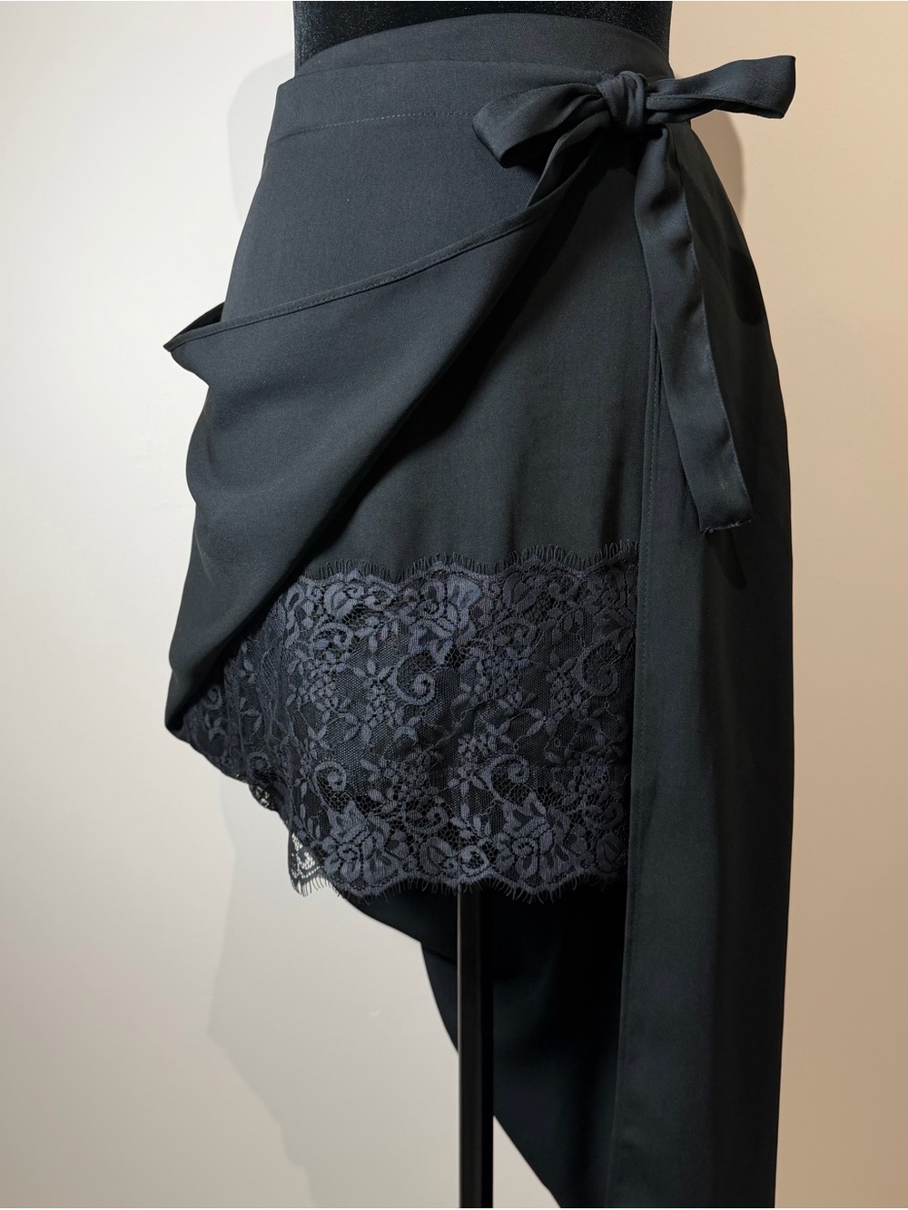 Zara Black Satin Wrap Midi Skirt with Lace Detail NWT XS